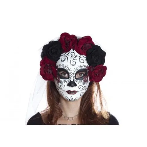 Day of the Dead Mask Flower Veil Black and Burgundy