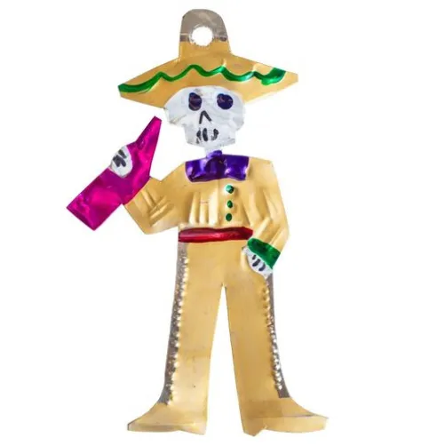 Gold Mariachi Skeleton Tin Ornament