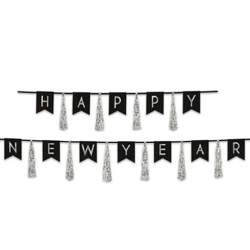 Happy New Year Tassel Streamer Black and Silver