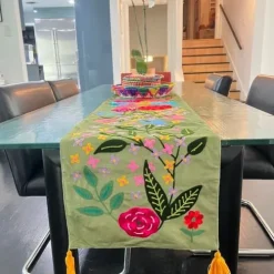 Velvet Embroidered Green Table Runner
